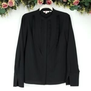 Boden Black Long Sleeve Pleated Ruffled Button Front Blouse Size 4